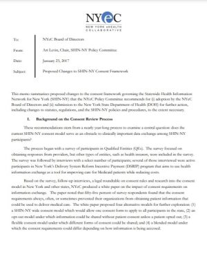 SHIN-NY Proposed Consent Recommendations Board Memo [PDF, 16 Pages]