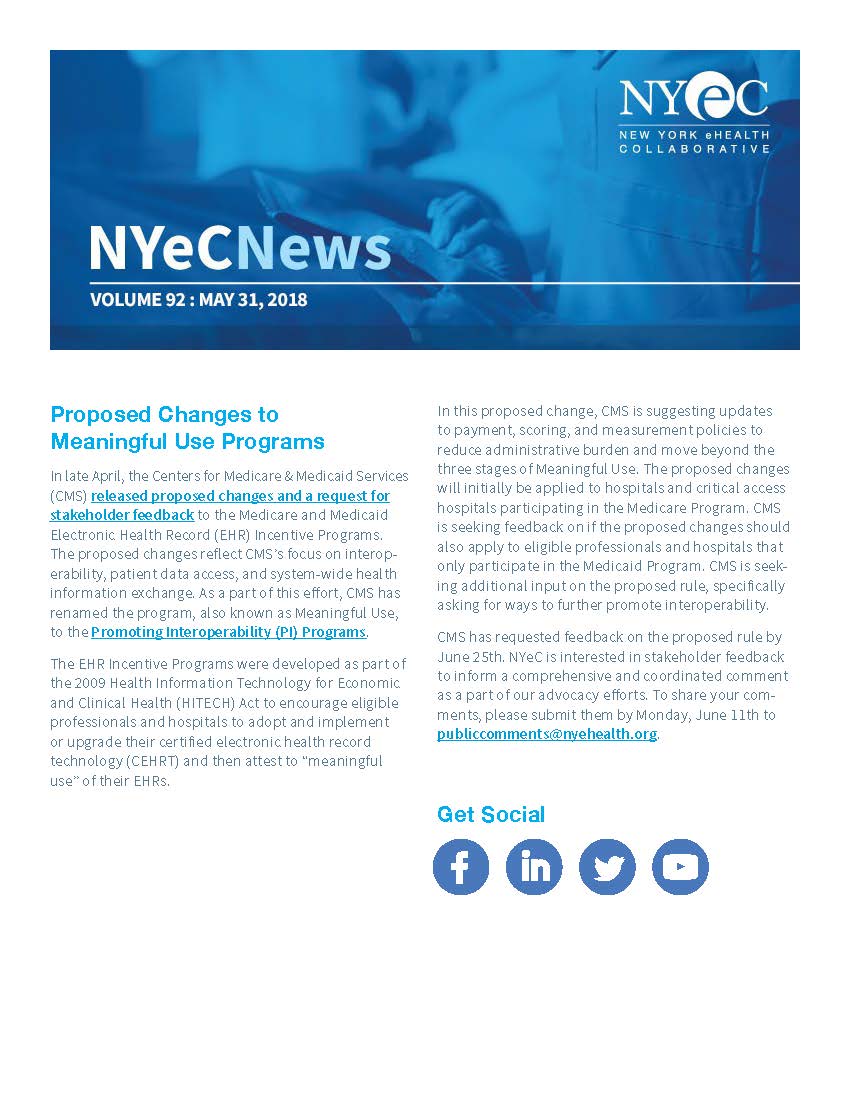 NYeC News: Proposed Changes to MU, HIE Adoption Incentives, & More